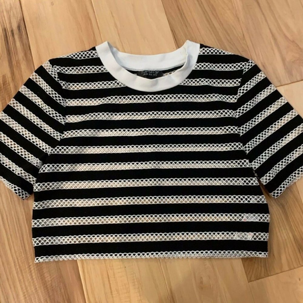 Topshop Cropped Mesh T Shirt Black White Stripe